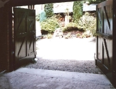 Classical garage doors showing bracing to keep the doors square