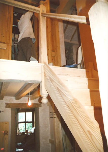 Yellow pine staircase during assembly